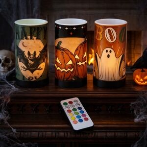 Retisee 3 Pcs Halloween Flameless Pillar Candles with Remote Control, LED